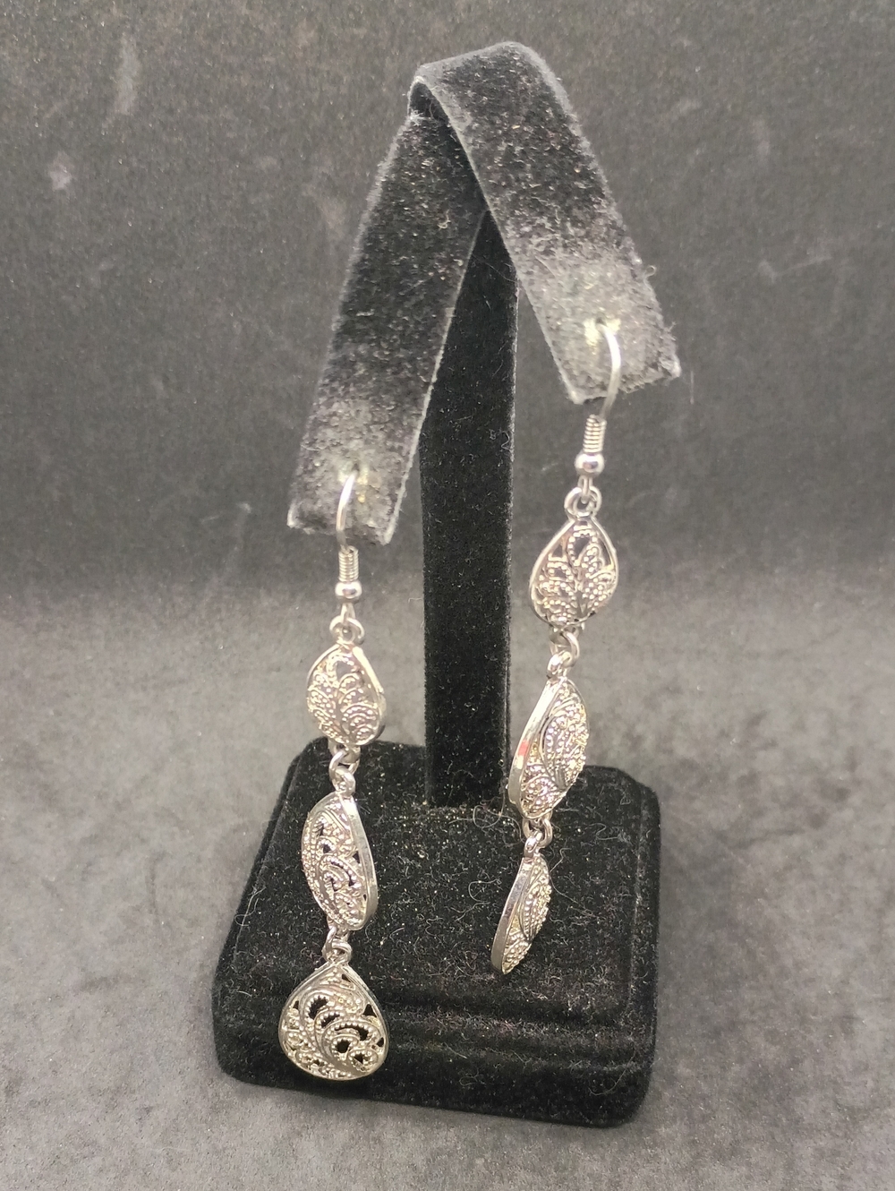 Ornate Silver Tone Filigree Drop Earrings